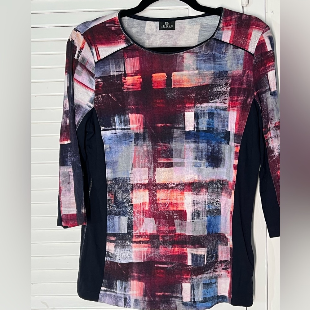 Patchwork style indie top, blue-red